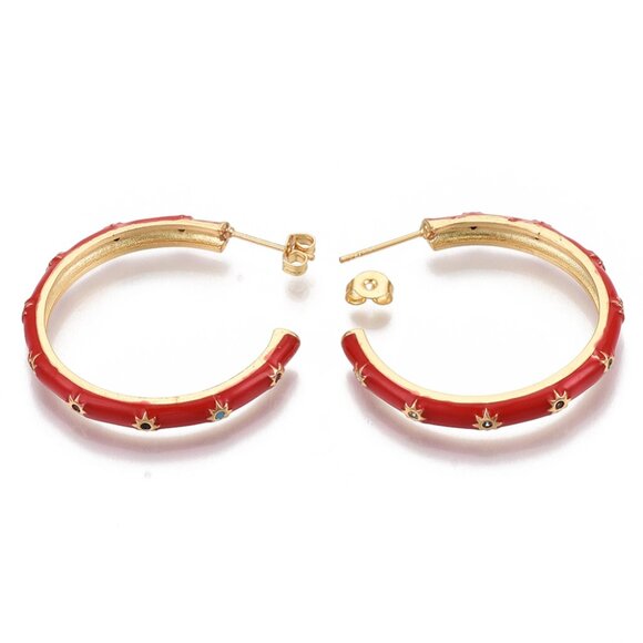 NWOT Red Enamel Stud Hoop Earrings With Cz Sun Pattern Large Striking 2/$10 - Picture 3 of 3